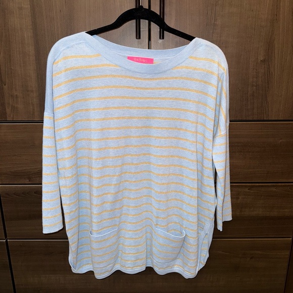 Lilly Pulitzer Sweaters - Lilly Pulitzer Cobo Sweater Womens XS Blue Gold Coastal Shell Stripe Oversized